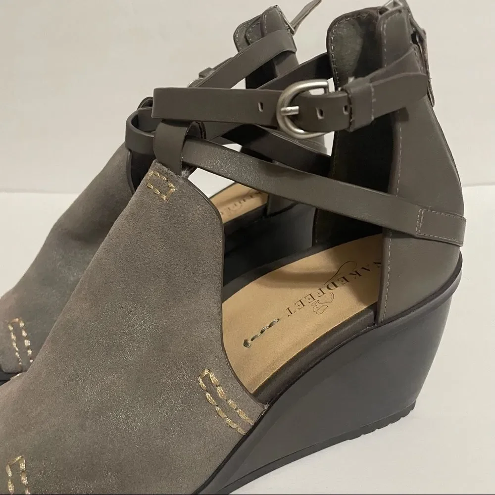 Naked Feet Crux Grey Suede and Leather Wedge Sandals size 8